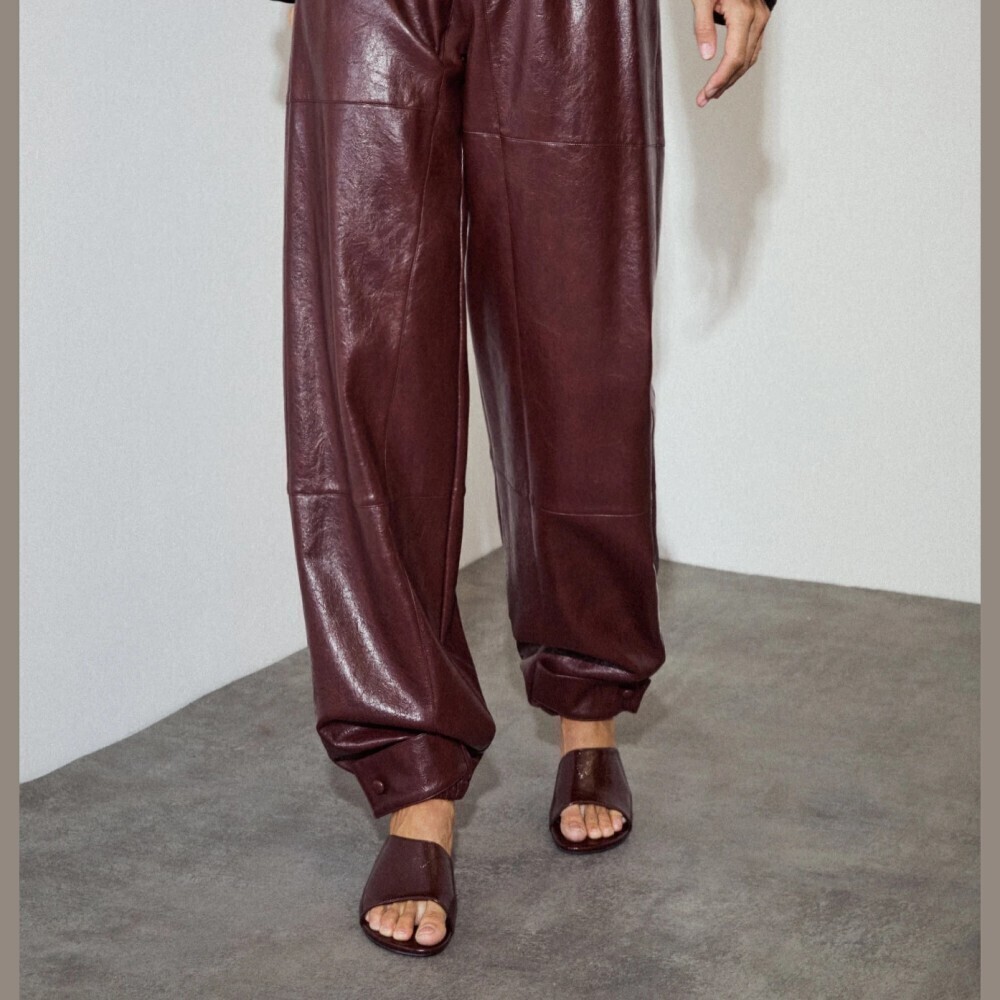 Burgundy Faux Leather Elastic Waist Cuffed Hem Wide Leg Track Jogger Pants